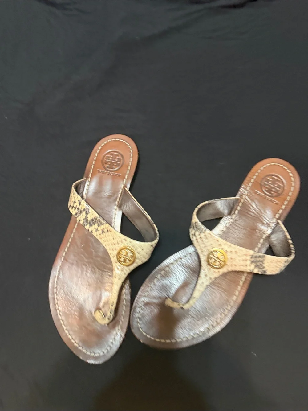 Tory Burch Brown Snakeskin-Pattern Thong Sandals with Gold Logo
